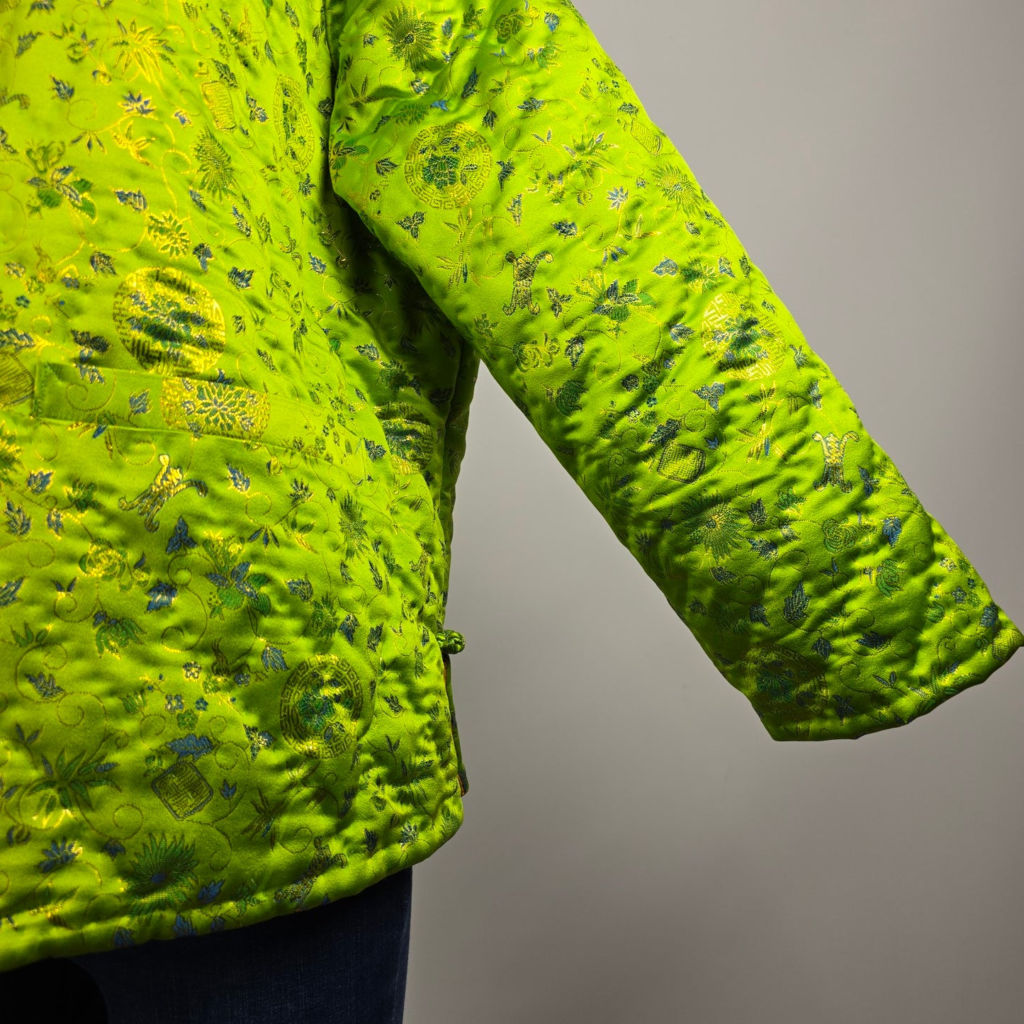 Vintage Chinese Style Quilted Bright Green Frog Closure Jacket Size L/XL