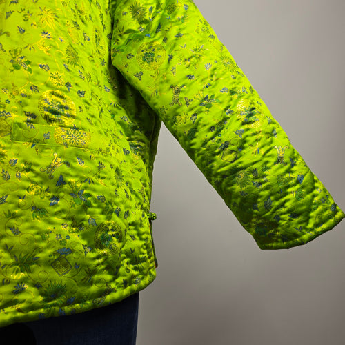 Vintage Chinese Style Quilted Bright Green Frog Closure Jacket Size L/XL