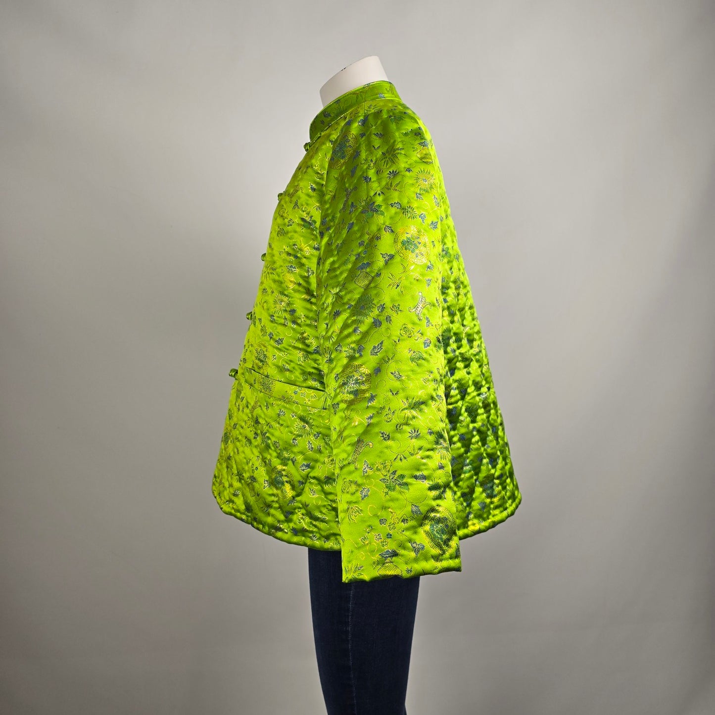 Vintage Chinese Style Quilted Bright Green Frog Closure Jacket Size L/XL
