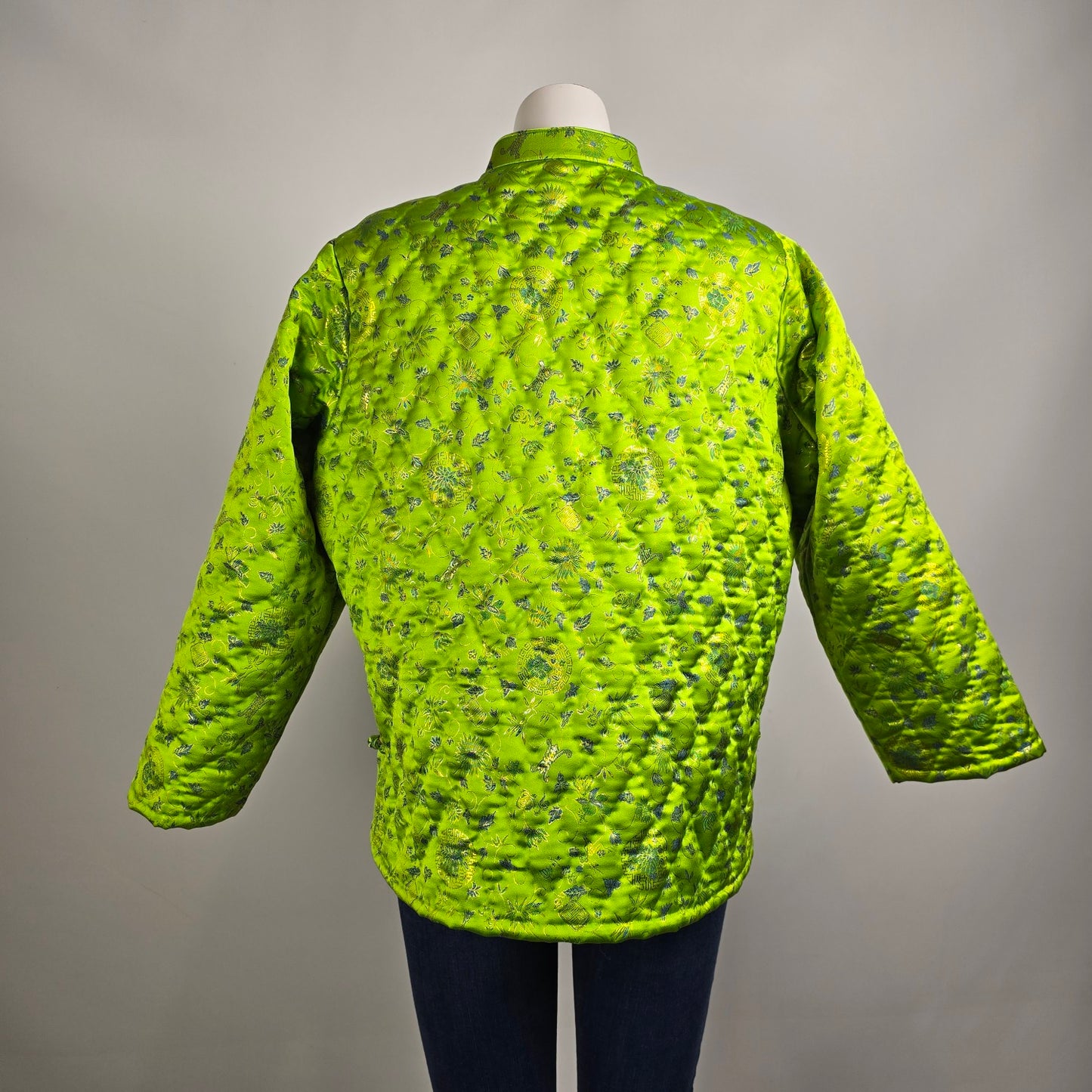 Vintage Chinese Style Quilted Bright Green Frog Closure Jacket Size L/XL