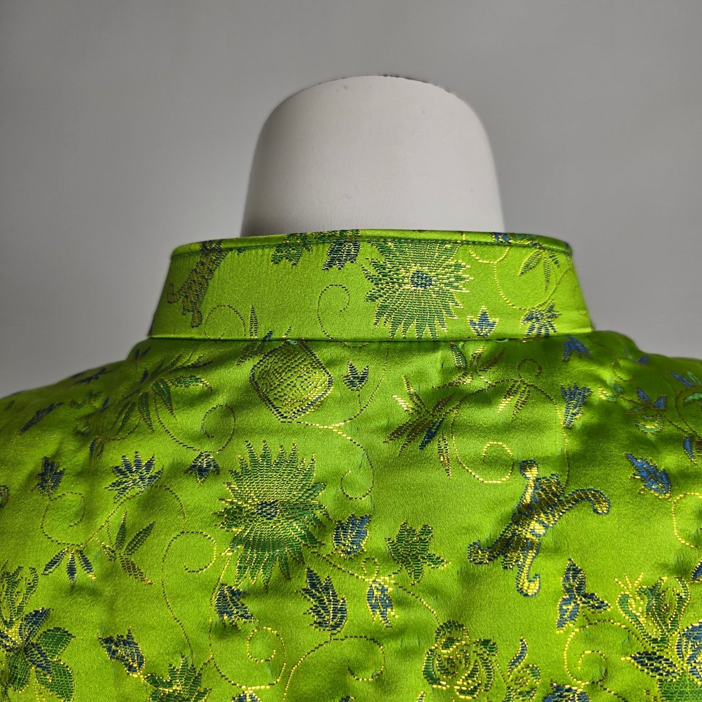 Vintage Chinese Style Quilted Bright Green Frog Closure Jacket Size L/XL