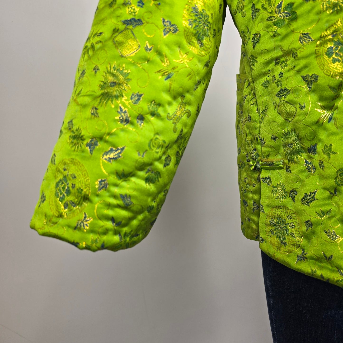 Vintage Chinese Style Quilted Bright Green Frog Closure Jacket Size L/XL