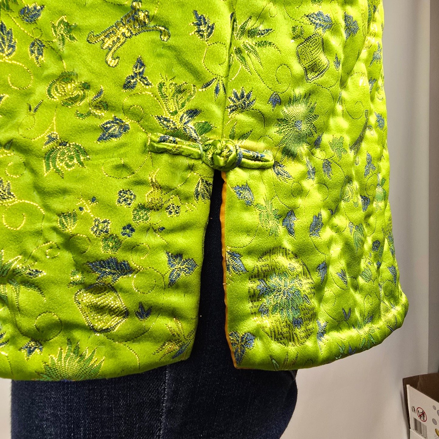 Vintage Chinese Style Quilted Bright Green Frog Closure Jacket Size L/XL
