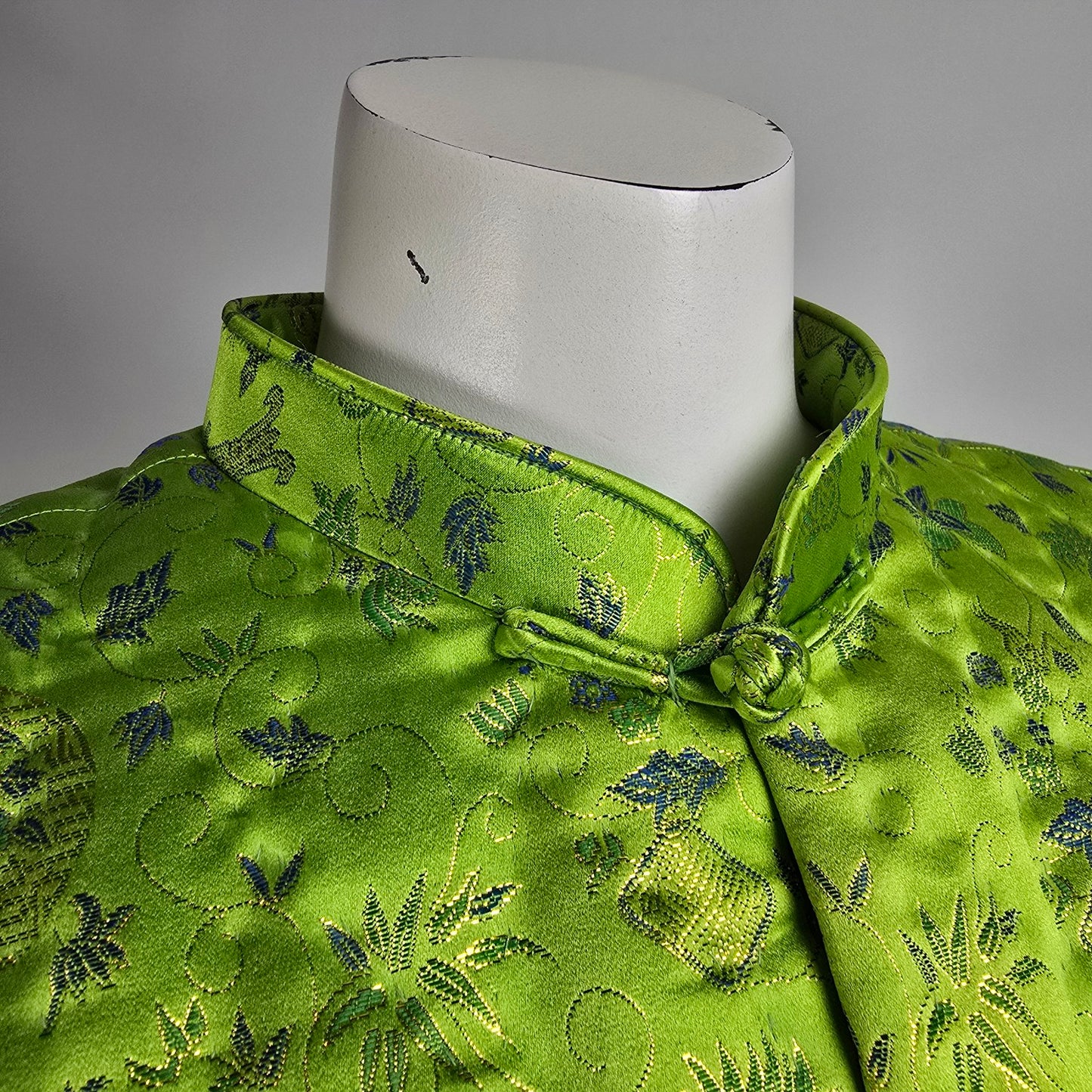 Vintage Chinese Style Quilted Bright Green Frog Closure Jacket Size L/XL