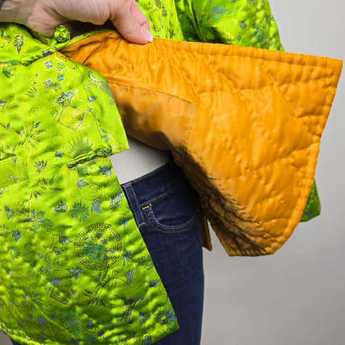 Vintage Chinese Style Quilted Bright Green Frog Closure Jacket Size L/XL