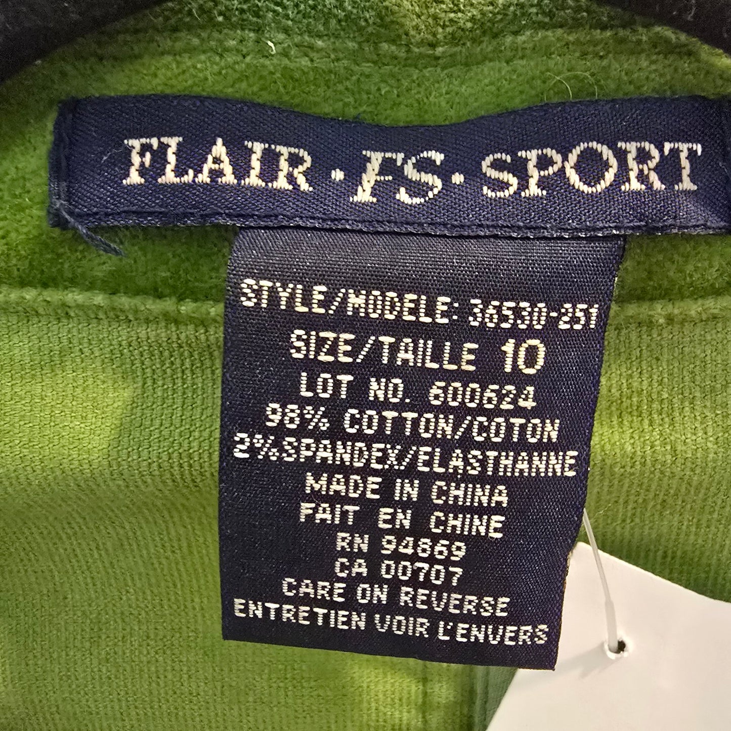 Flair FS Sport Green Cotton Velvet Button Up Blazer Jacket Size 10