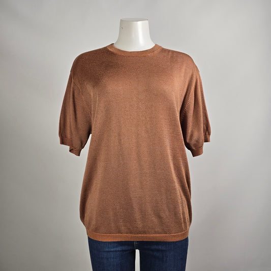 Oscar De La Renta Brown Short Sleeve Knit Sweater Size L