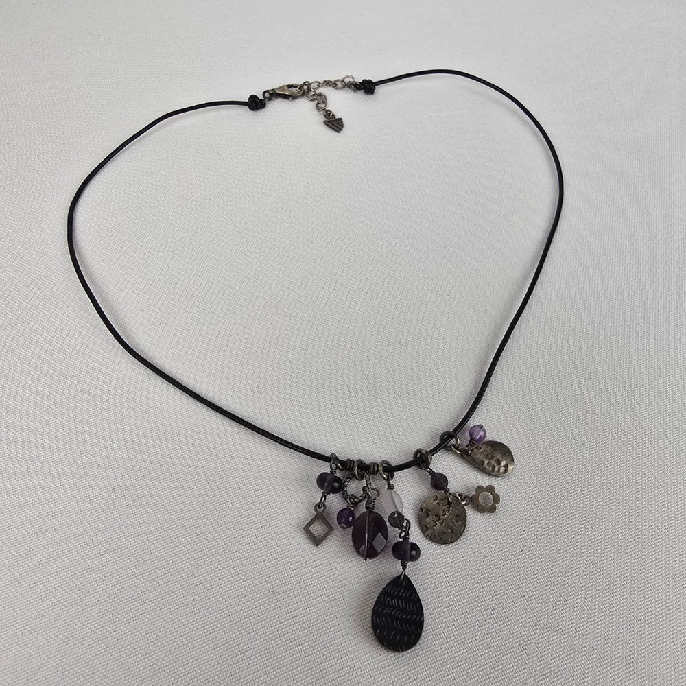 Silpada 925 Stirling Silver Amethyst Charm Leather Cord Necklace