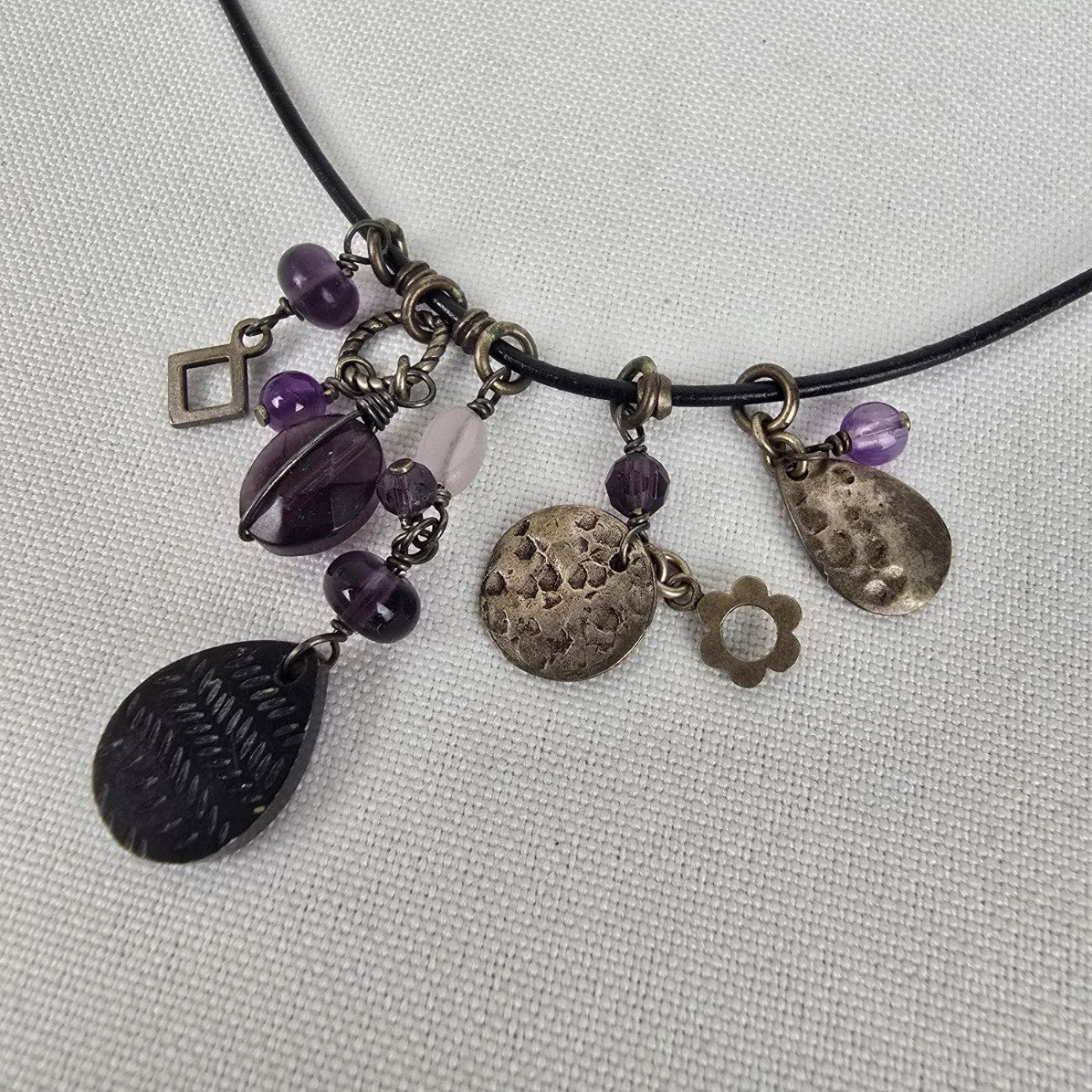 Silpada 925 Stirling Silver Amethyst Charm Leather Cord Necklace