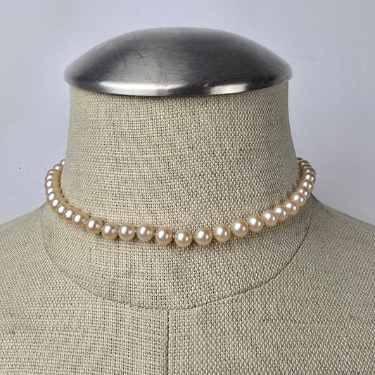 Vintage Faux Pearl Hand Knotted Glass Beaded Choker Necklace