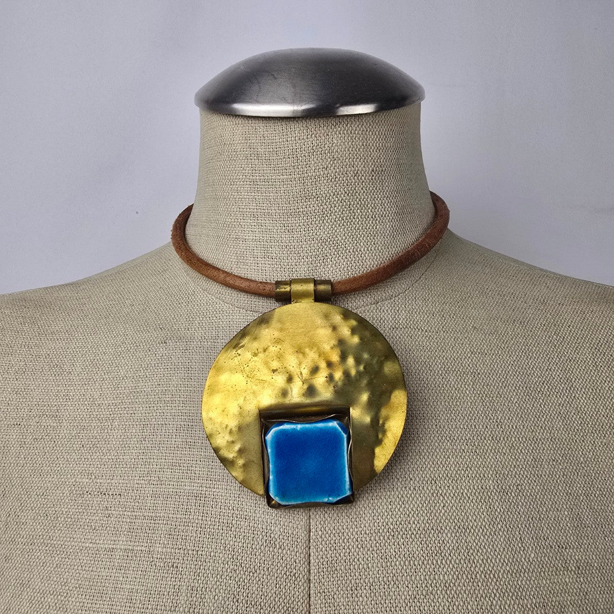 Gold & Blue Glass Statement Pendant Brown Cord Necklace