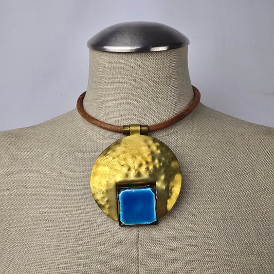 Gold & Blue Glass Statement Pendant Brown Cord Necklace