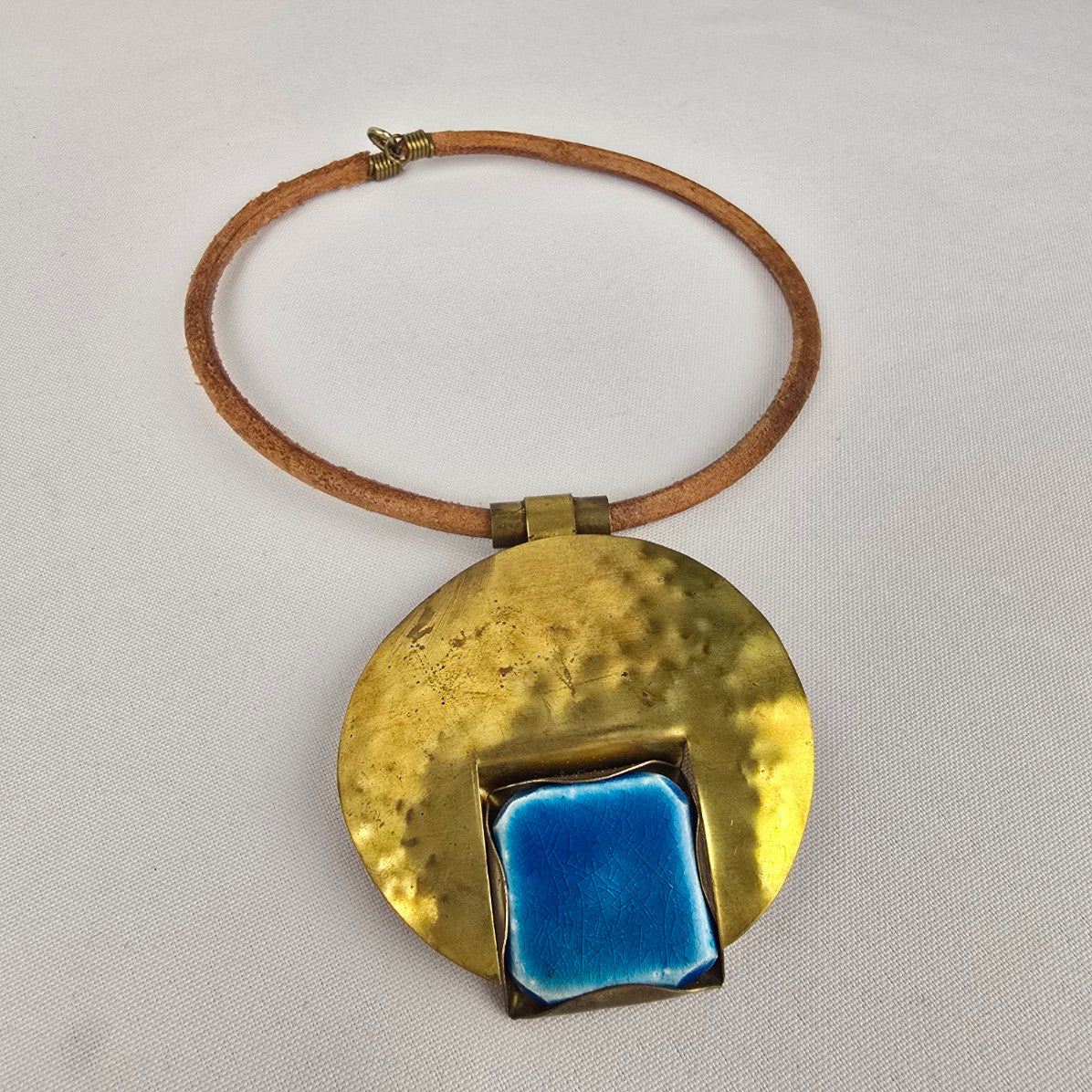 Gold & Blue Glass Statement Pendant Brown Cord Necklace