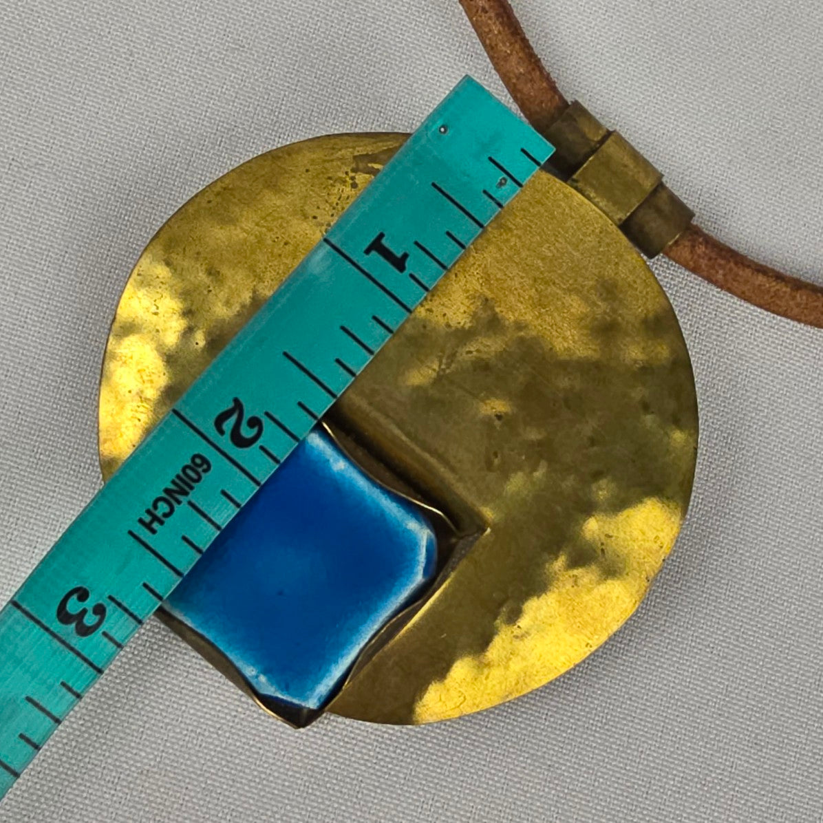 Gold & Blue Glass Statement Pendant Brown Cord Necklace