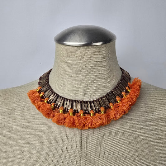Orange Tassel Brown Metal Burgundy Statement Bell Collar Necklace