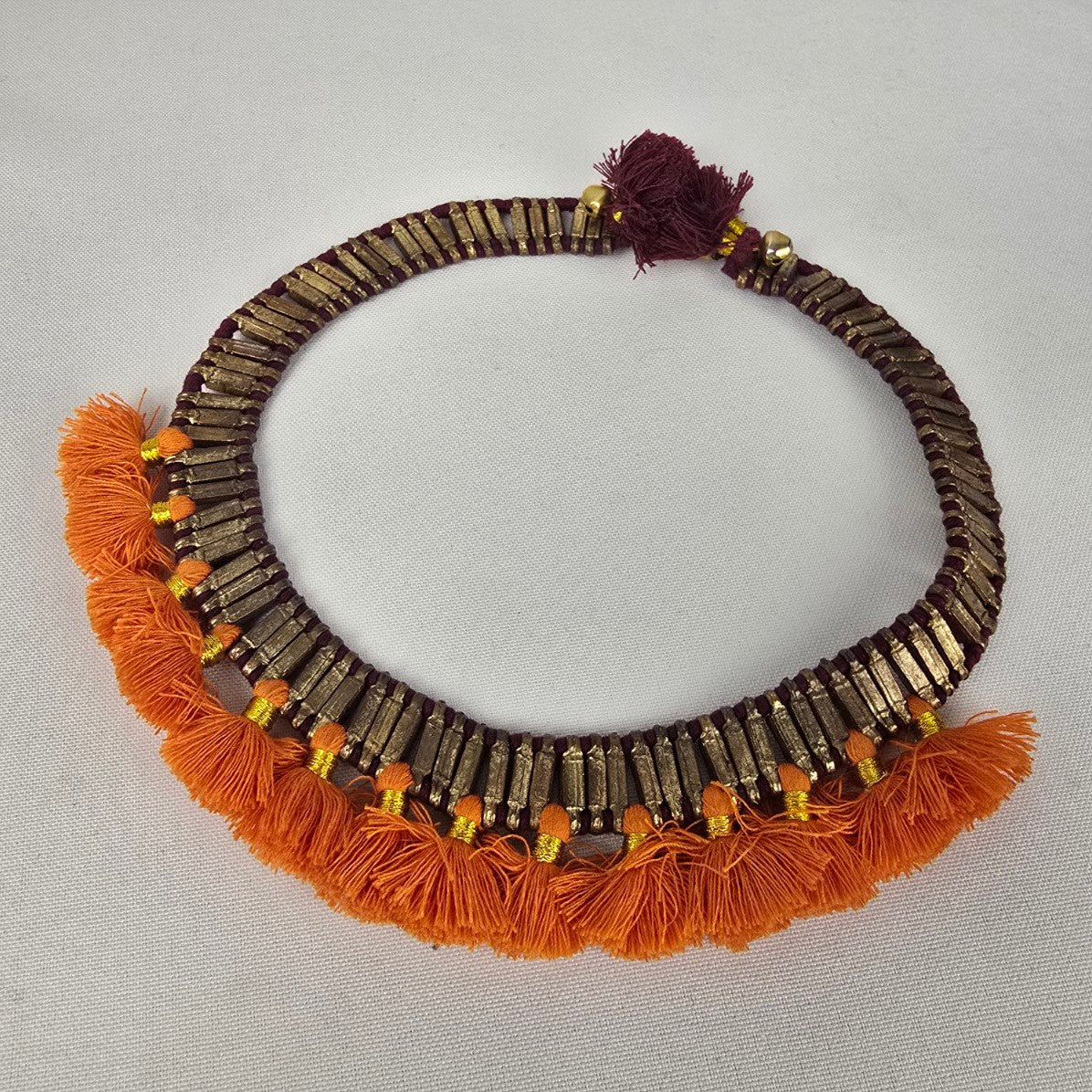 Orange Tassel Brown Metal Burgundy Statement Bell Collar Necklace