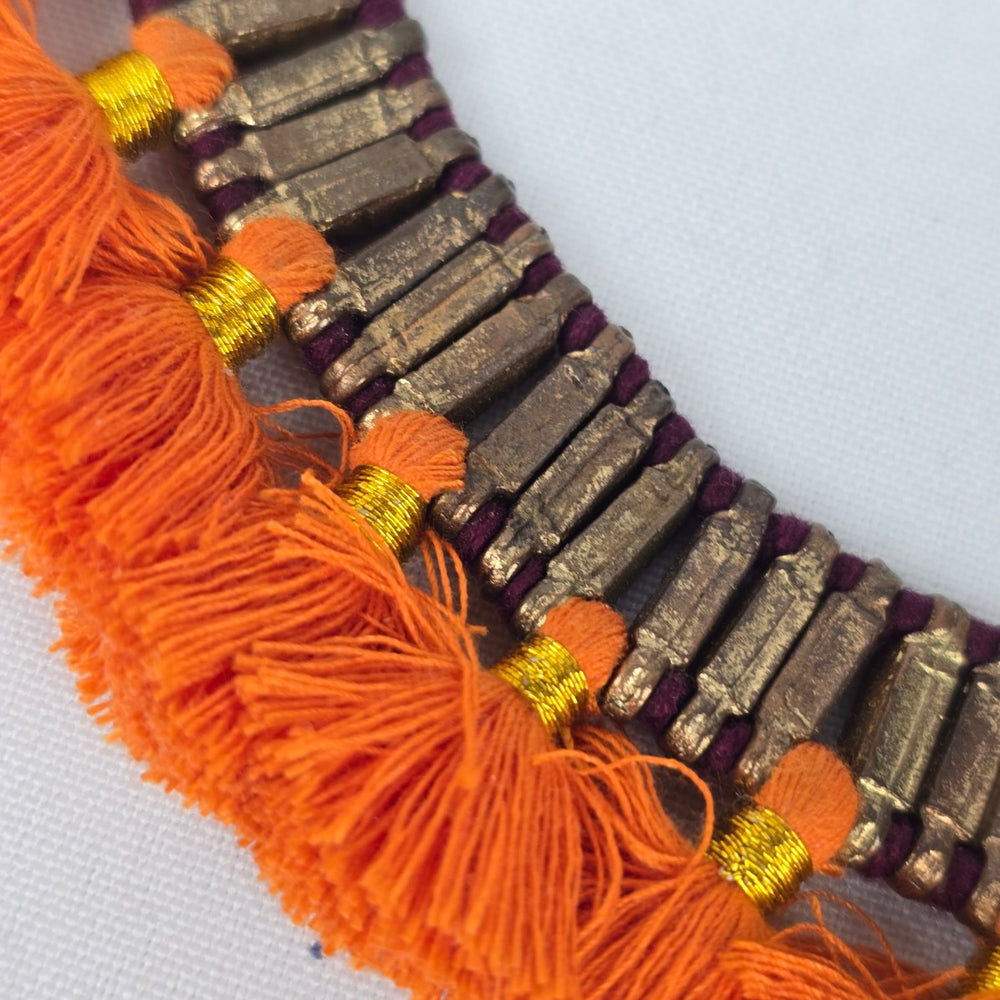 Orange Tassel Brown Metal Burgundy Statement Bell Collar Necklace