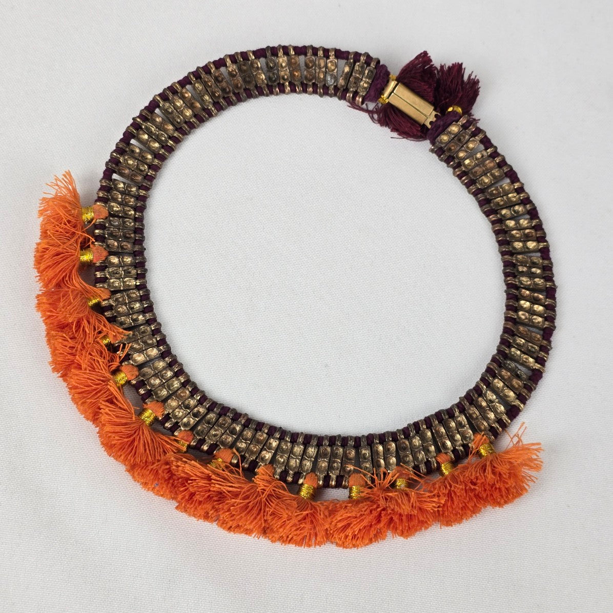 Orange Tassel Brown Metal Burgundy Statement Bell Collar Necklace