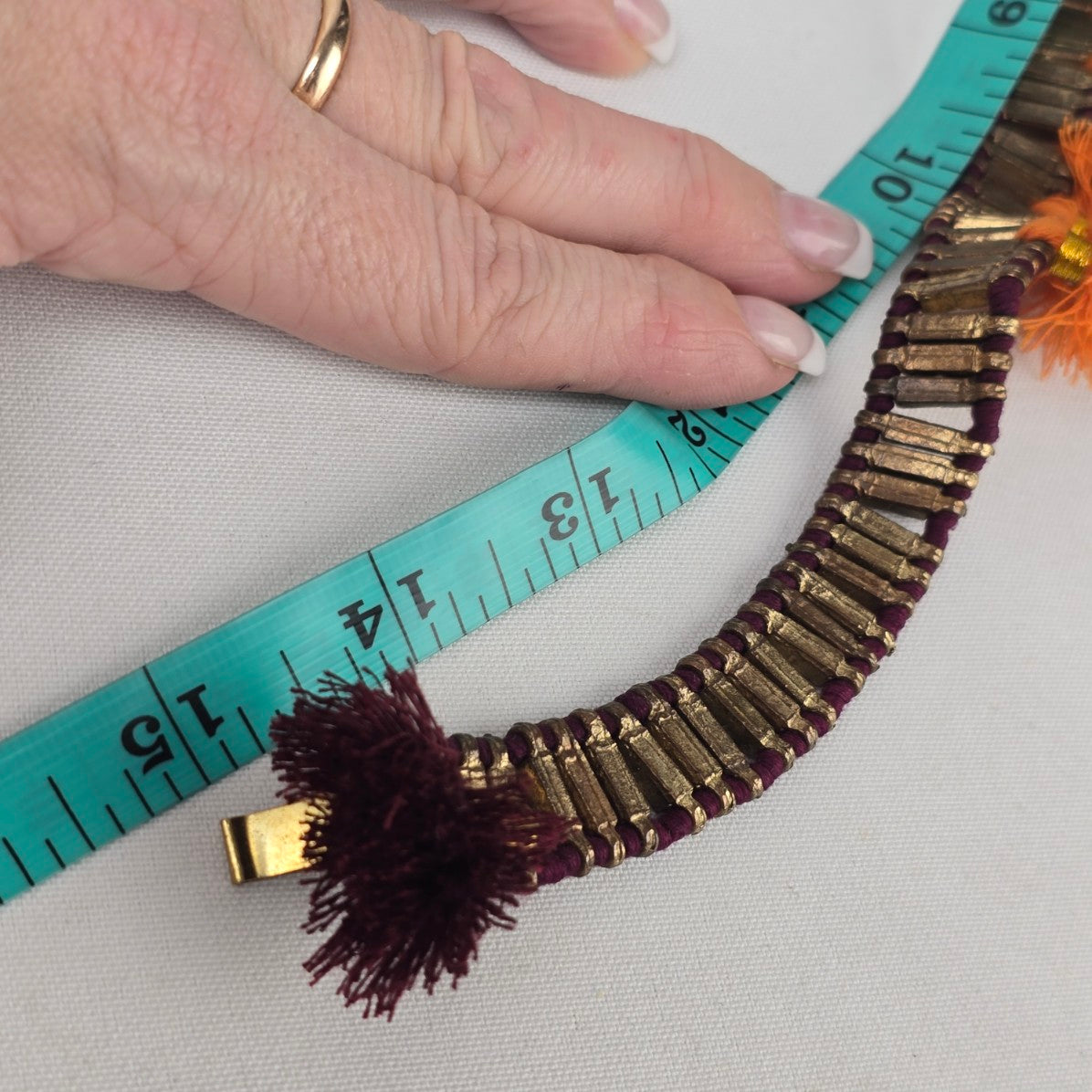 Orange Tassel Brown Metal Burgundy Statement Bell Collar Necklace