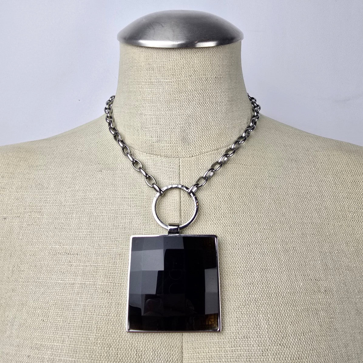 Dyrberg Kern Silver Black Square Stone Statement Necklace