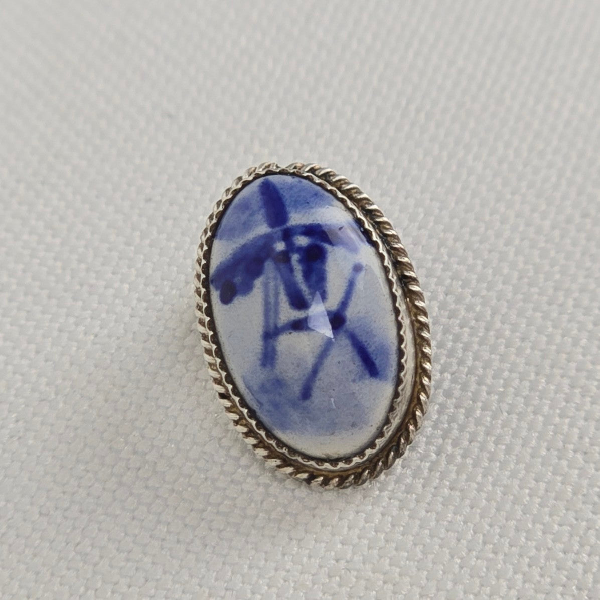 Vintage Delft Holland Windmill Ceramic Blue 835 Sterling Silver Clip On Earrings