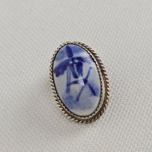 Vintage Delft Holland Windmill Ceramic Blue 835 Sterling Silver Clip On Earrings