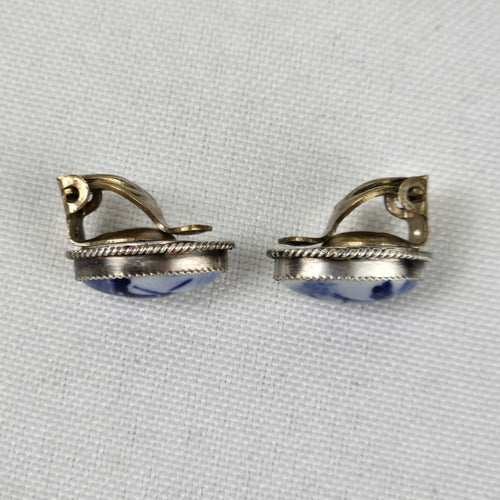Vintage Delft Holland Windmill Ceramic Blue 835 Sterling Silver Clip On Earrings