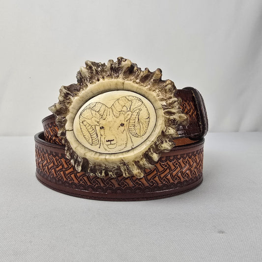 Vintage Carved Antler Big Horn Sheep Western Belt Size 36