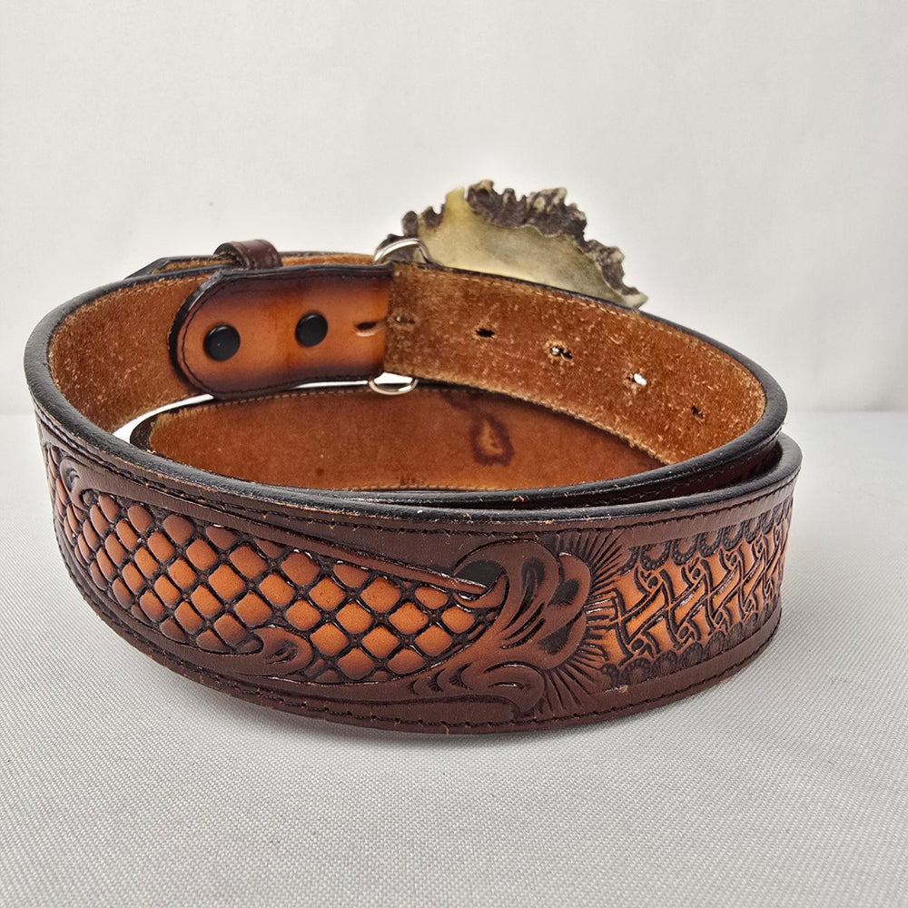 Vintage Carved Antler Big Horn Sheep Western Belt Size 36