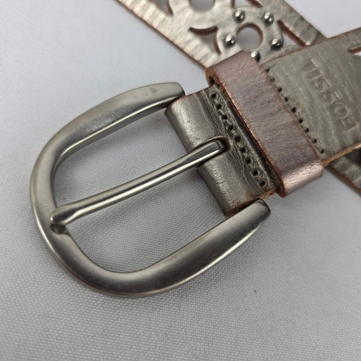 Fossil Silver Leather Cut-out Studded Belt Size M/L