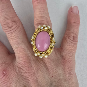 Vintage Gold Tone Pink Stone Secret Compartment Ring Size 8 Adjustable