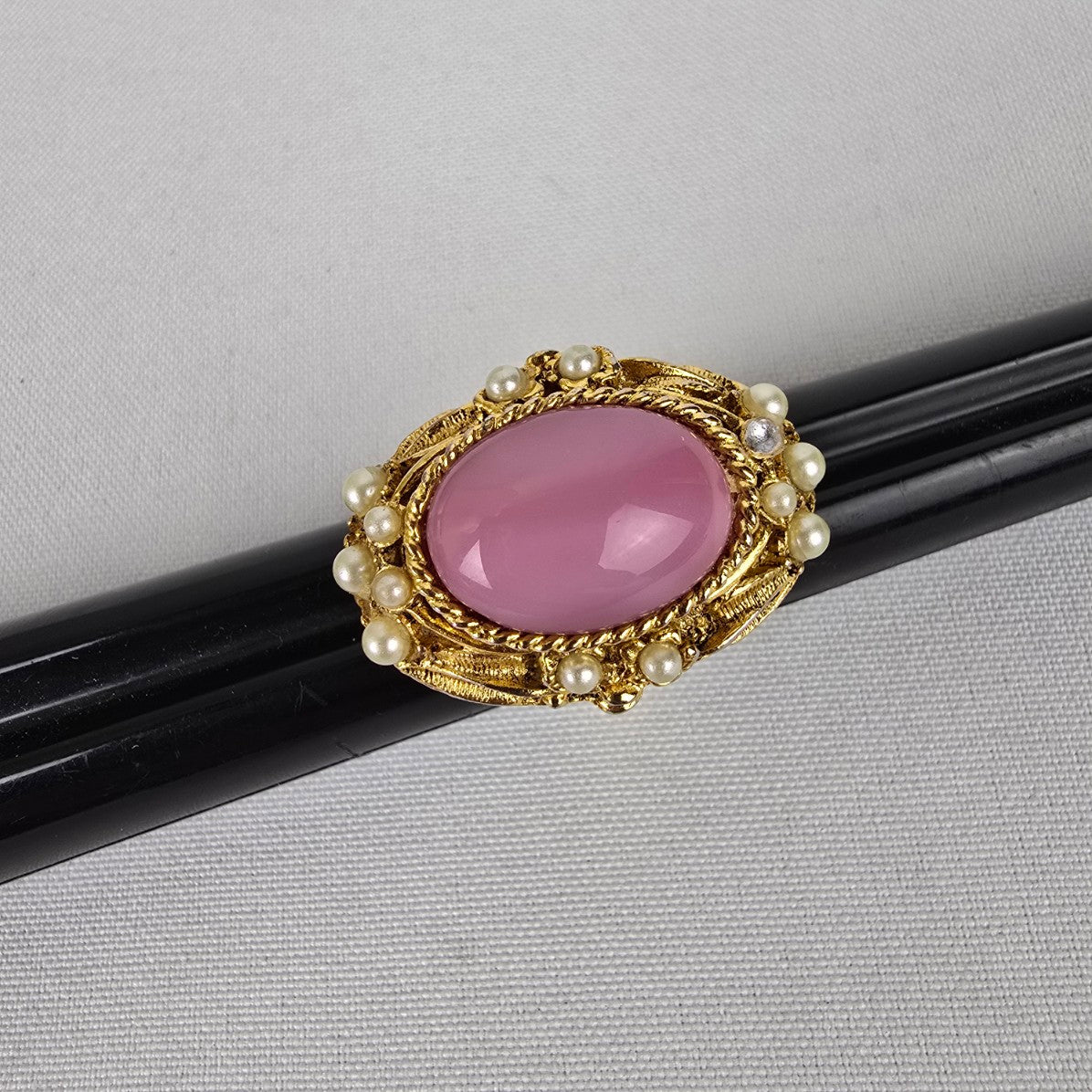 Vintage Gold Tone Pink Stone Secret Compartment Ring Size 8 Adjustable