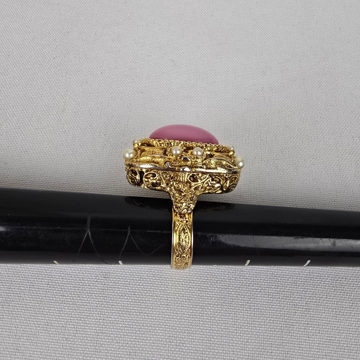 Vintage Gold Tone Pink Stone Secret Compartment Ring Size 8 Adjustable