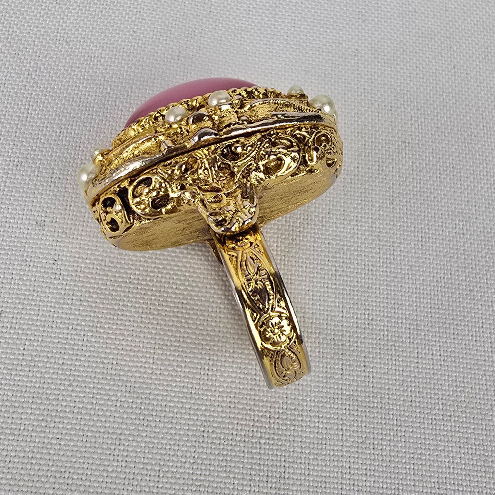 Vintage Gold Tone Pink Stone Secret Compartment Ring Size 8 Adjustable