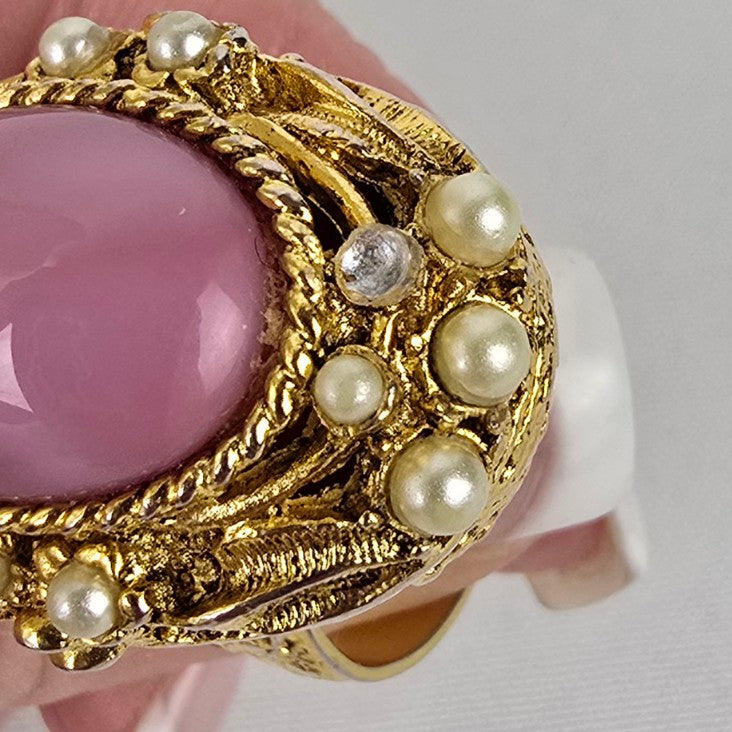 Vintage Gold Tone Pink Stone Secret Compartment Ring Size 8 Adjustable