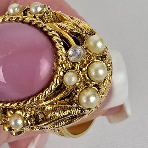Vintage Gold Tone Pink Stone Secret Compartment Ring Size 8 Adjustable