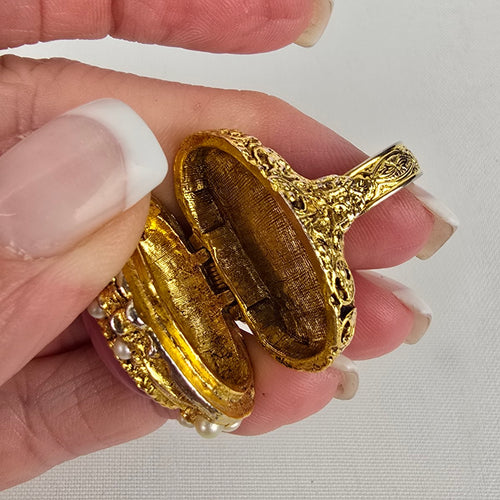 Vintage Gold Tone Pink Stone Secret Compartment Ring Size 8 Adjustable