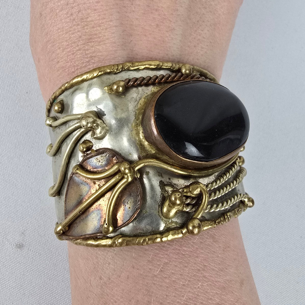 Vintage Silver & Copper Black Stone Statement Bracelet