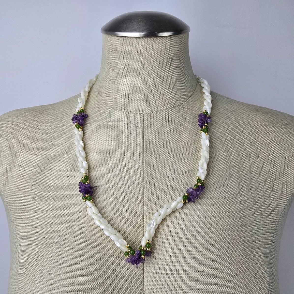 Vintage Rice Bead Mother Of Pearl Amethyst Necklace