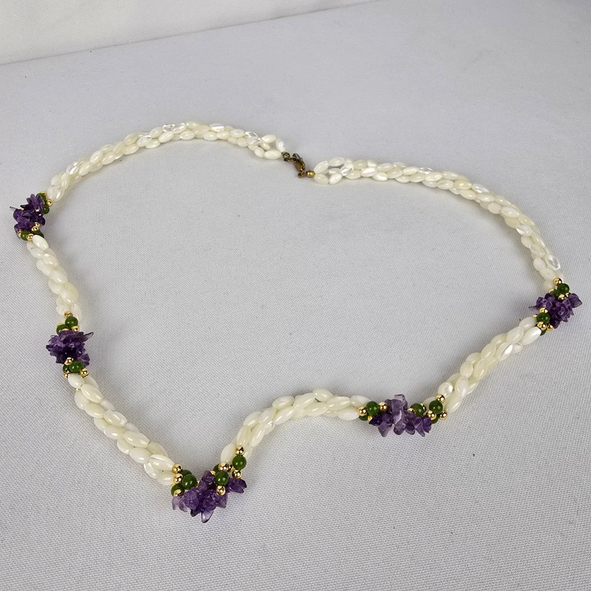 Vintage Rice Bead Mother Of Pearl Amethyst Necklace