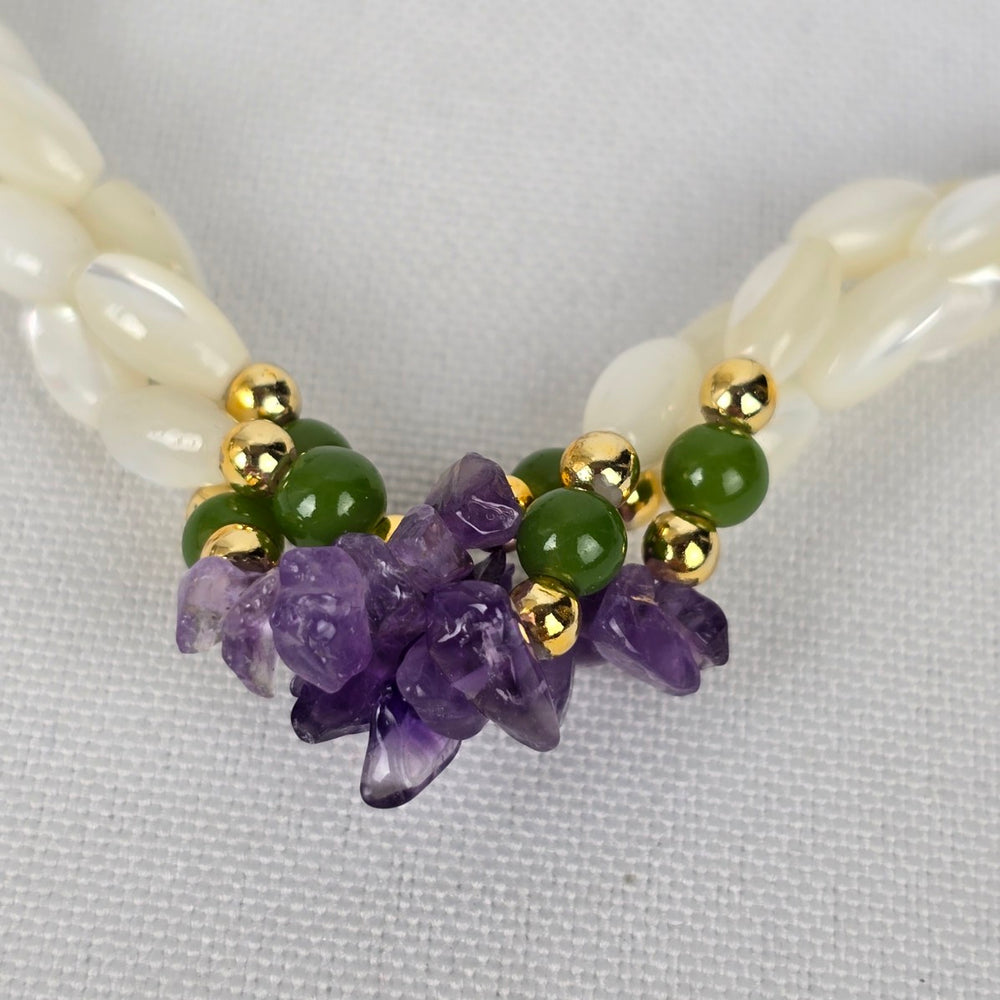 Vintage Rice Bead Mother Of Pearl Amethyst Necklace