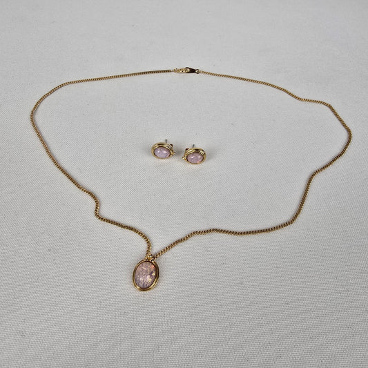 Vintage Gold Tone Faux Opal Pendant Necklace & Earrings Set