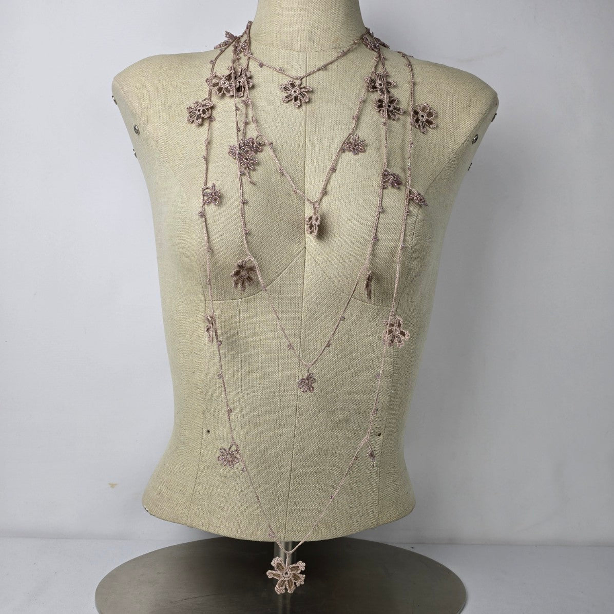 Handmade Crochet Beaded Floral Long Layered Necklace