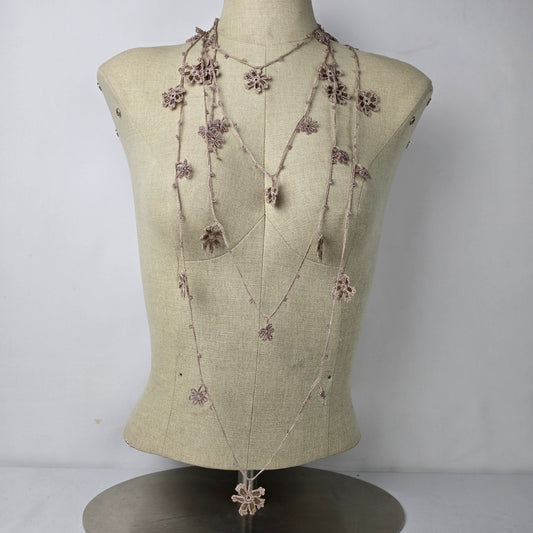 Handmade Crochet Beaded Floral Long Layered Necklace