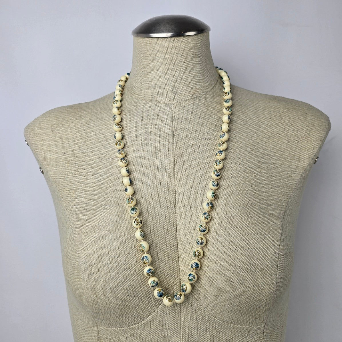 Vintage Creme Fused Beads Blue Flower Necklace