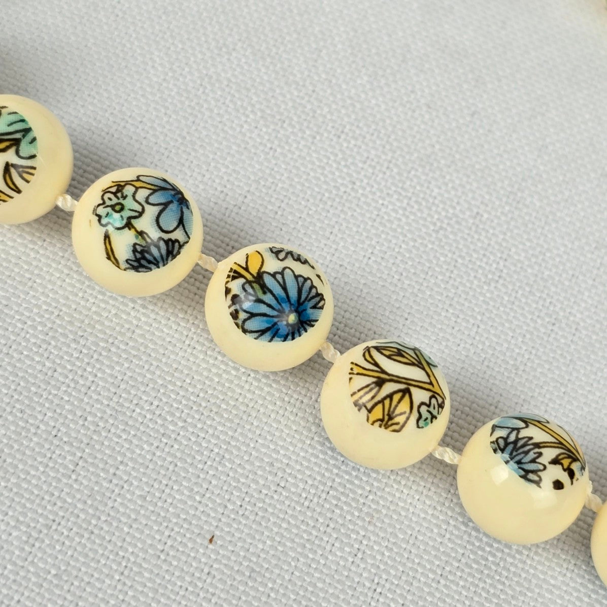 Vintage Creme Fused Beads Blue Flower Necklace