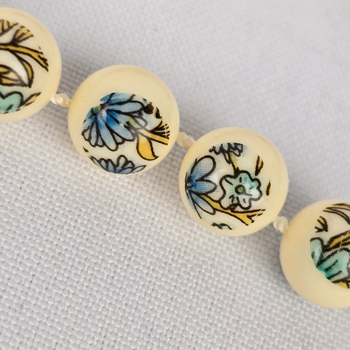 Vintage Creme Fused Beads Blue Flower Necklace