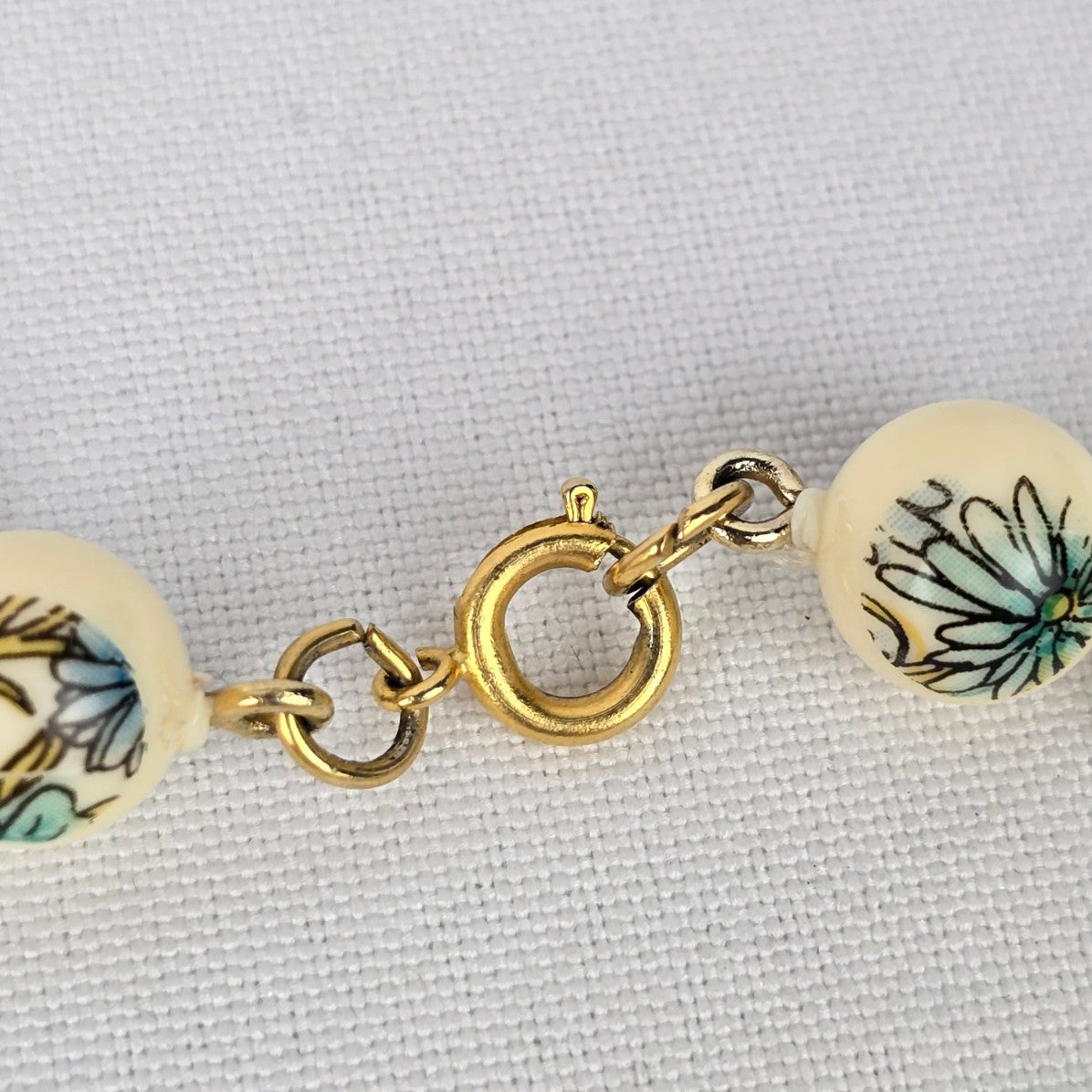 Vintage Creme Fused Beads Blue Flower Necklace