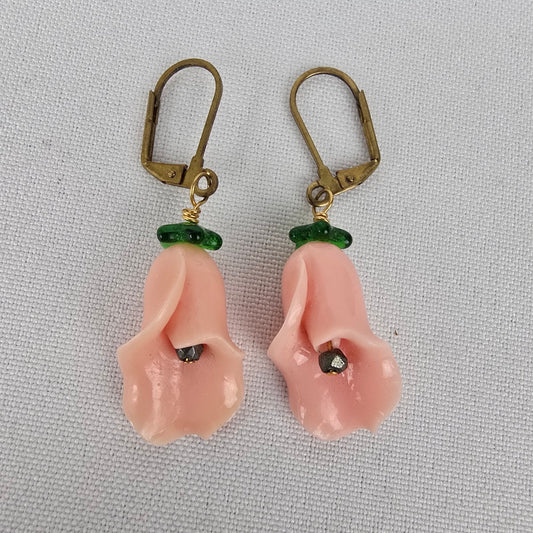 Vintage Pink Glass Rose Bud Drop Earrings