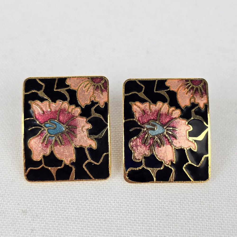 Vintage Cloisonné Enamel Pink Flower Stud Earrings